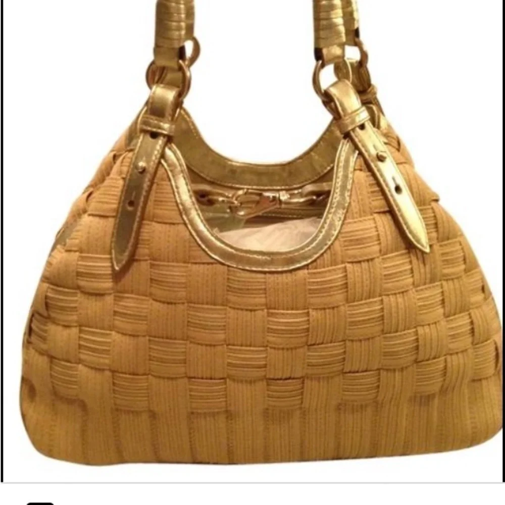 Cole Hahn Genevieve Weave Handles XL Canvas Gold leather triangle Tote Hobo